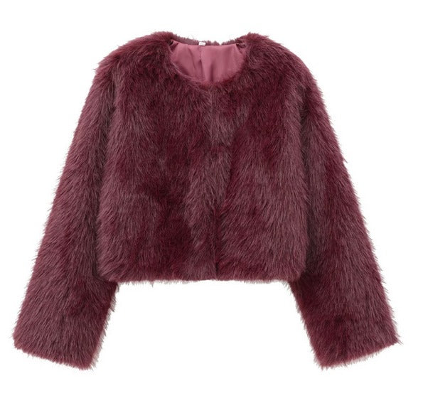 Burgundy Faux Fur Cropped Jacket- Reysha