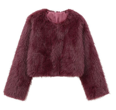 Burgundy Faux Fur Cropped Jacket- Reysha