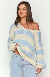 Delvey Light Blue Striped Chunky Knit Sweater