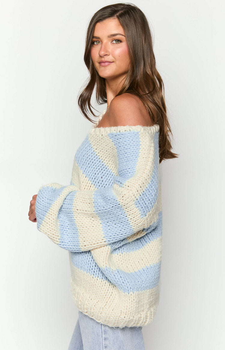 Delvey Light Blue Striped Chunky Knit Sweater