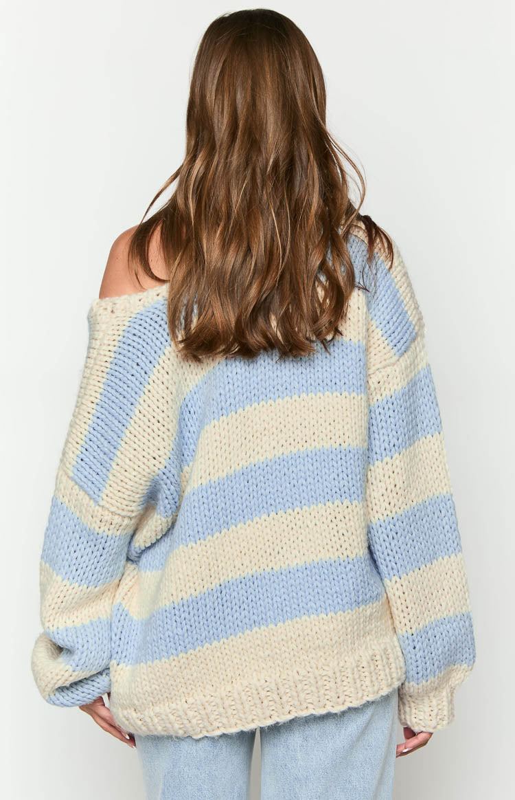 Delvey Light Blue Striped Chunky Knit Sweater