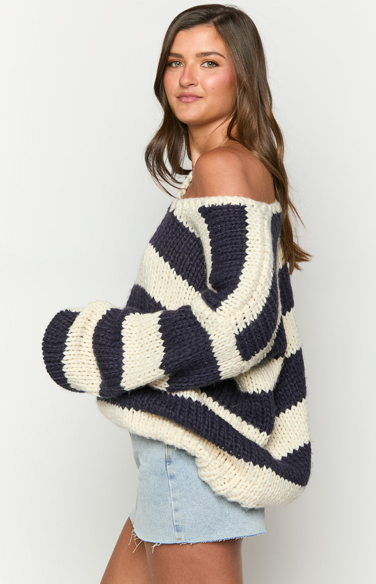 Delvey Navy Striped Chunky Knit Sweater