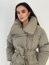 ALPINE Short Padded Tie Waist Duvet Coat In Sage Green