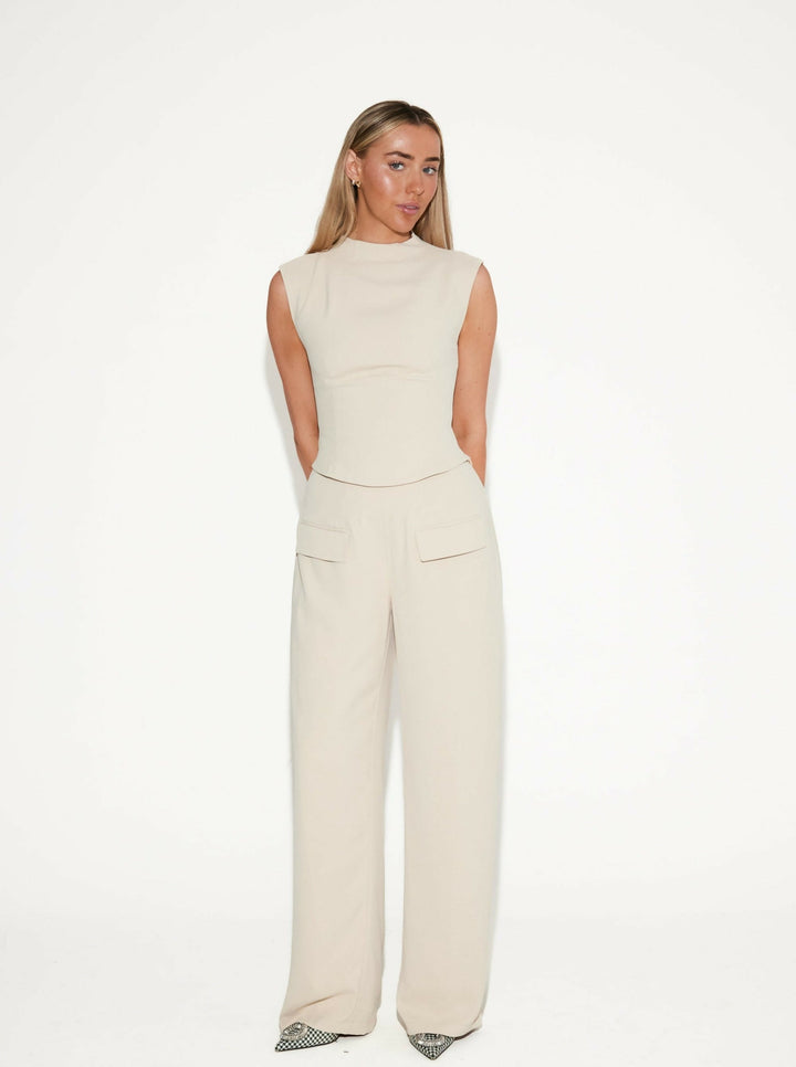 Odd Muse Ultimate Wide Leg Trouser & Top Set Oat Size XXS