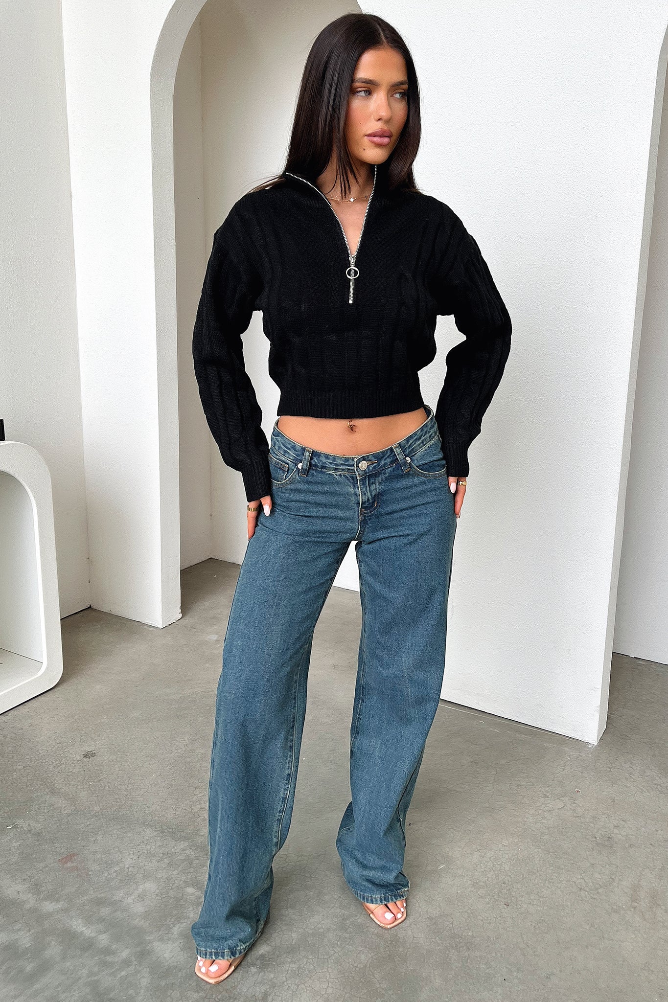 Aleena 3/4 Zip Cropped Knit - Black