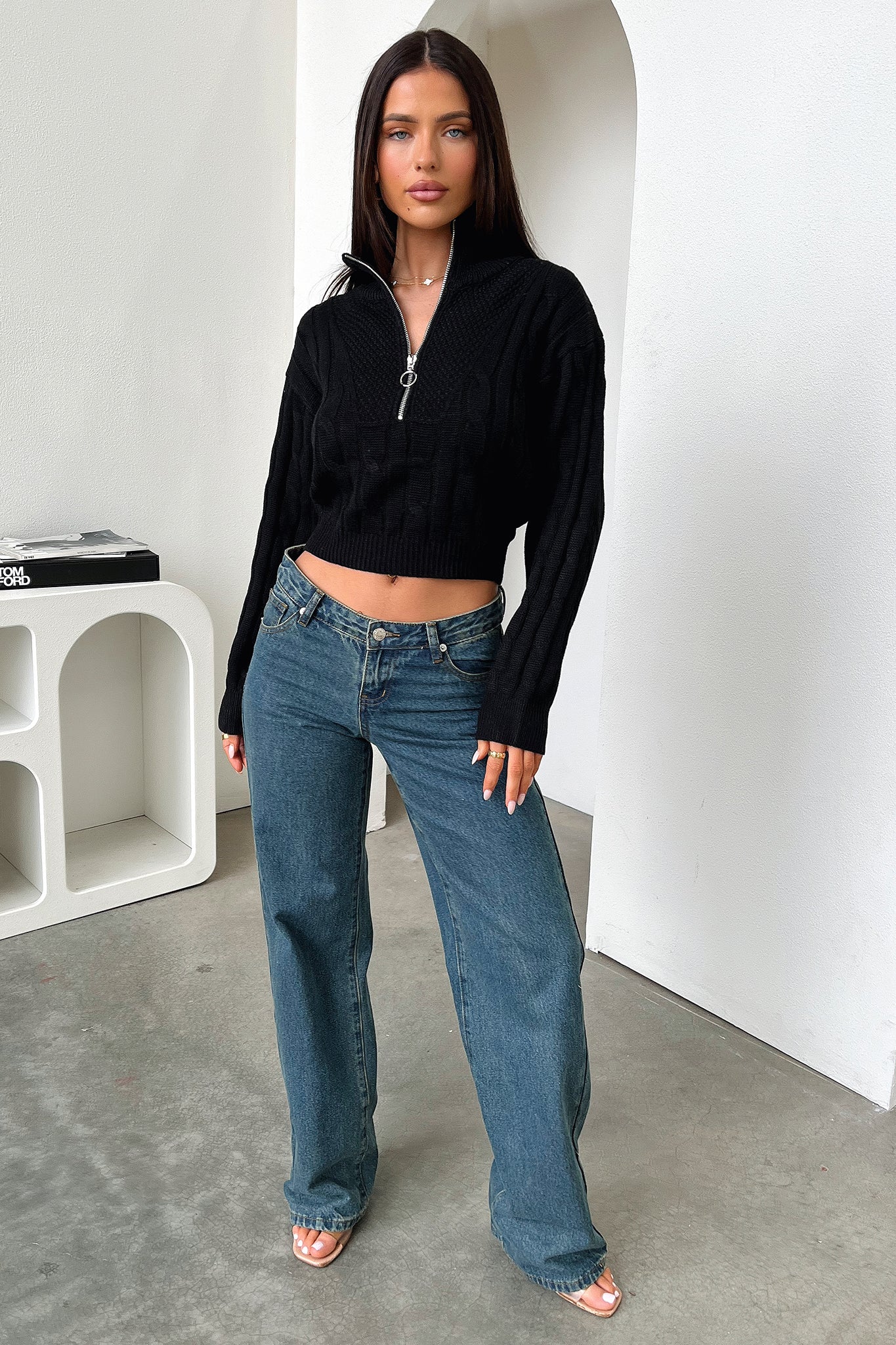 Aleena 3/4 Zip Cropped Knit - Black