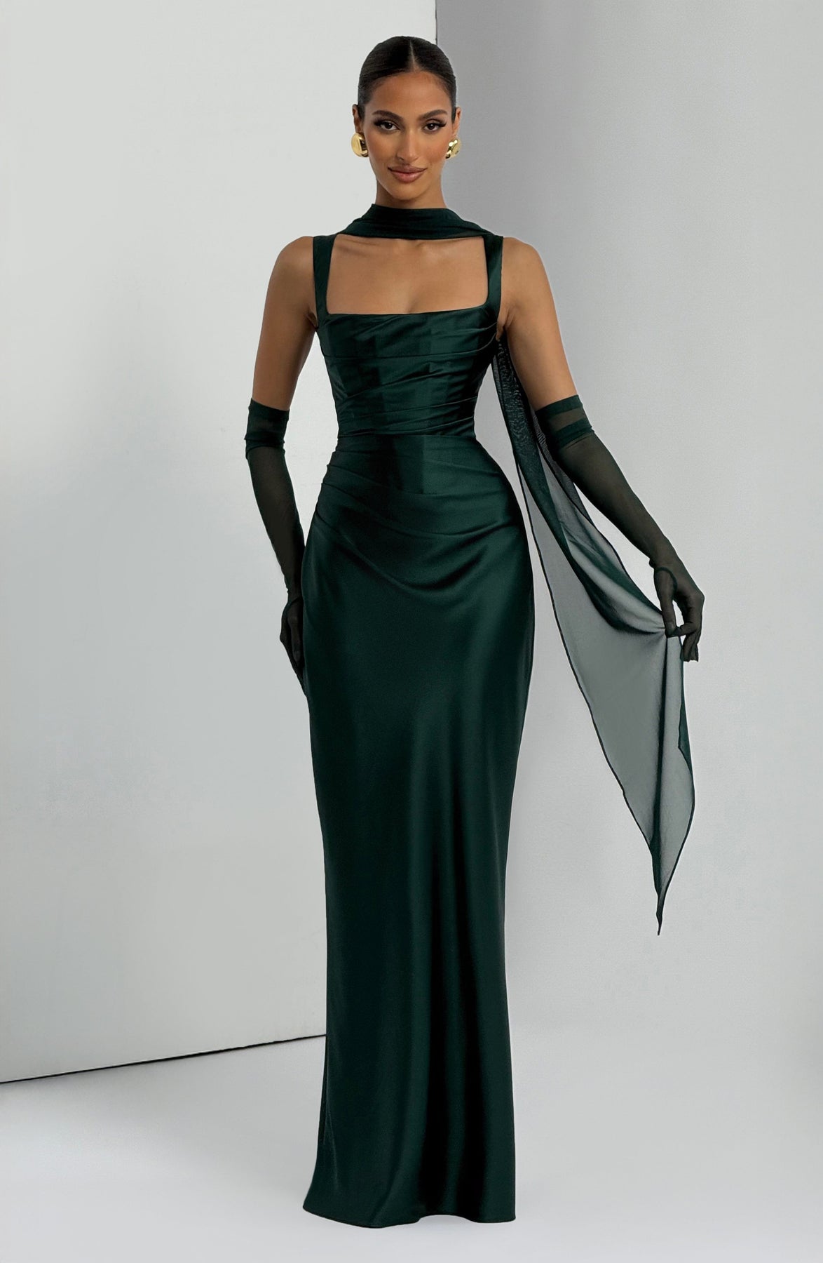 calanthe maxi dress Calanthe Ivory Maxi Dress with Elegant Mesh Neck Scarf Detail