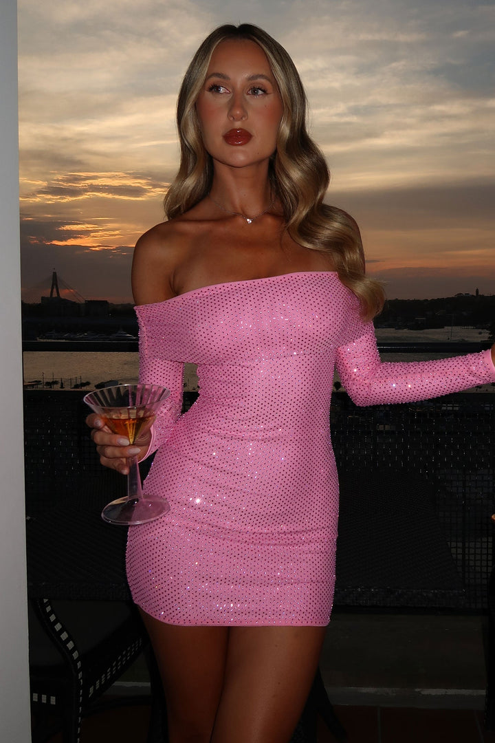 Khari Off Shoulder Long Sleeve Embellished Dress - Pink