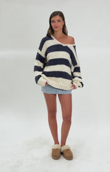 Delvey Navy Striped Chunky Knit Sweater