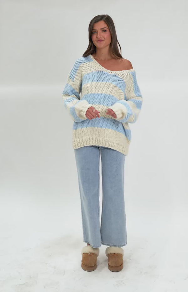 Delvey Light Blue Striped Chunky Knit Sweater