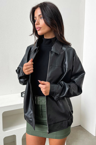 Zeroni Faux Leather Bomber Jacket - Black