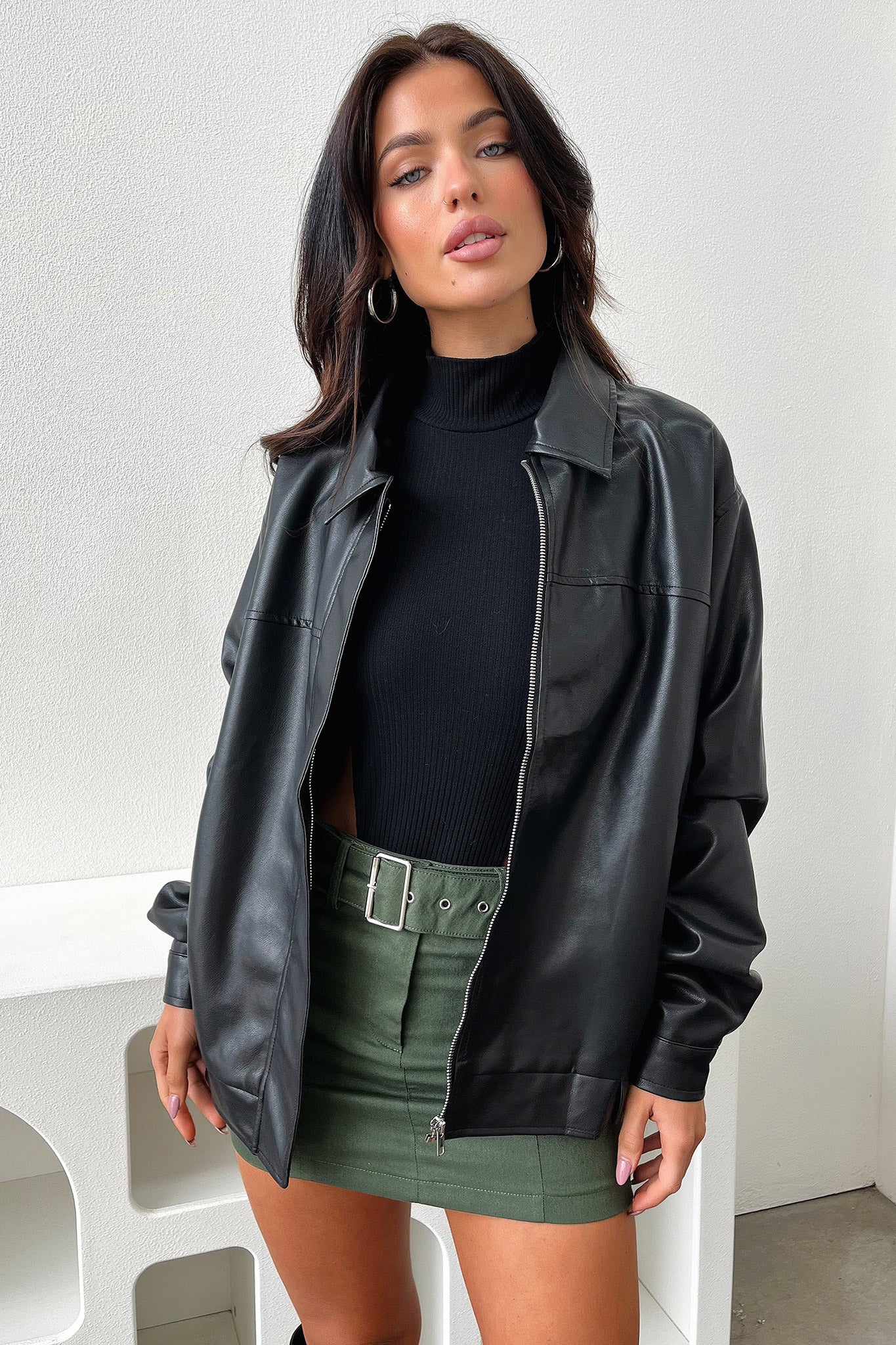 Zeroni Faux Leather Bomber Jacket - Black