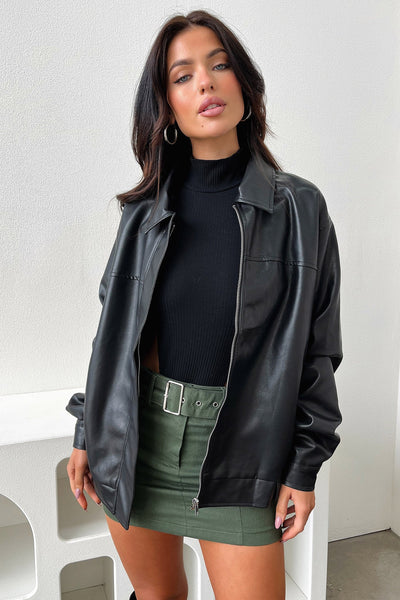 Zeroni Faux Leather Bomber Jacket - Black