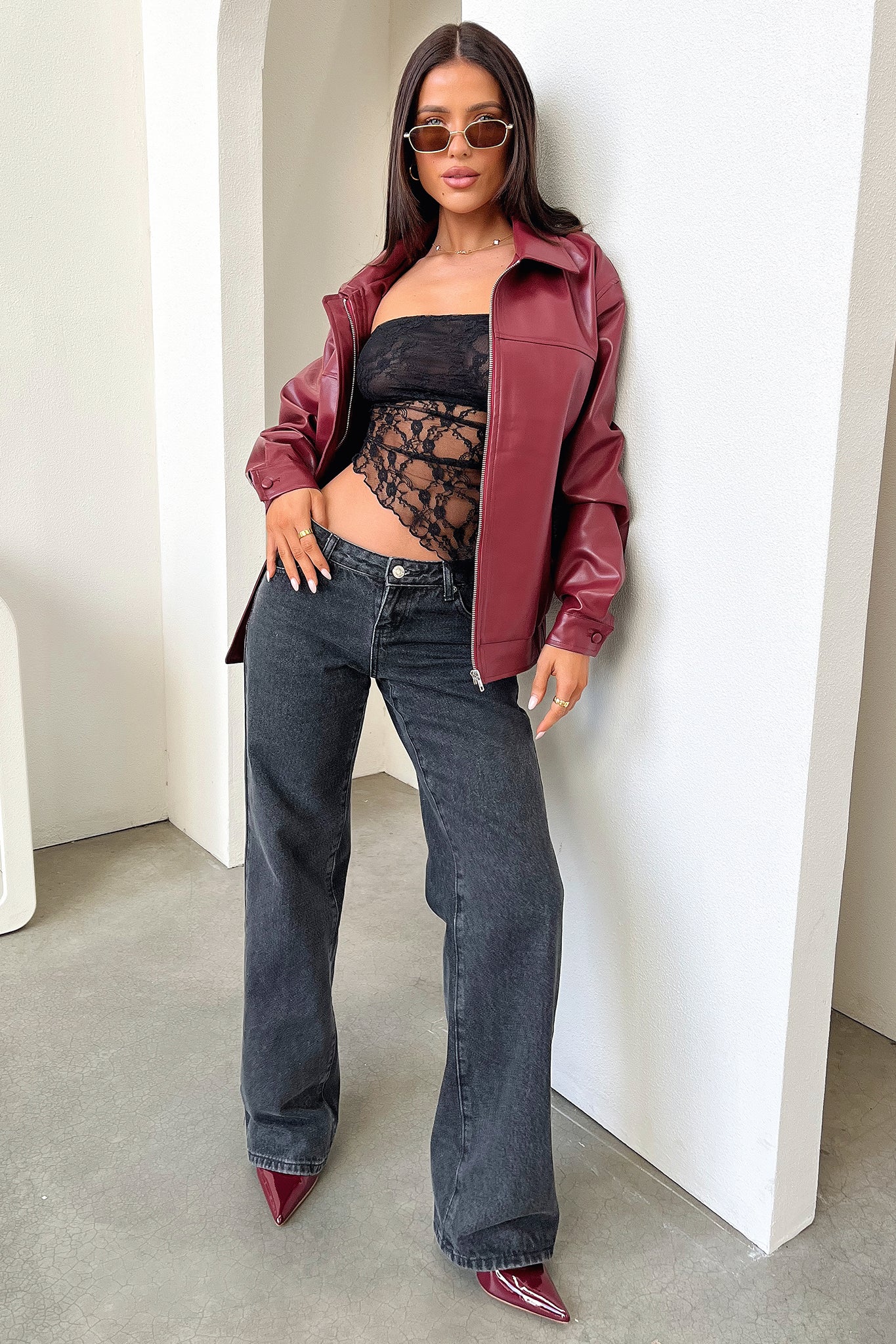 Zeroni Faux Leather Bomber Jacket - Red