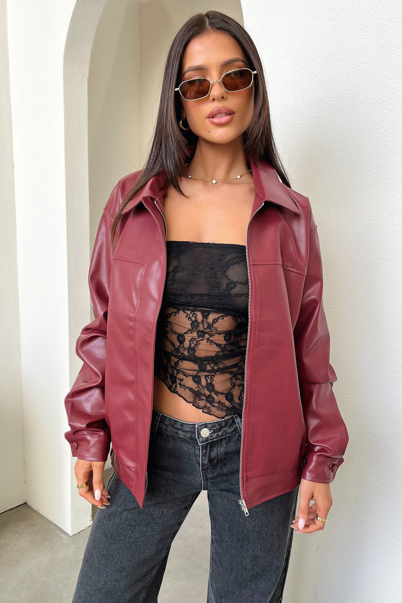 Zeroni Faux Leather Bomber Jacket - Red