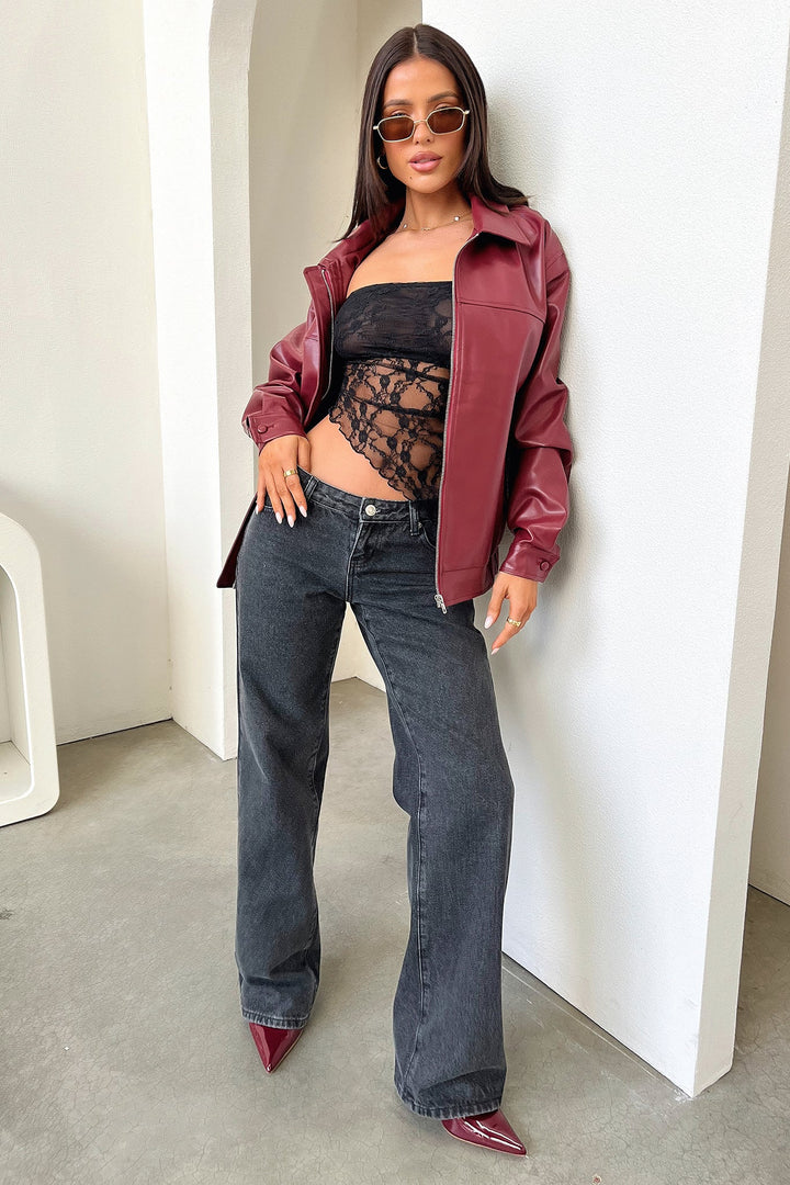 Zeroni Faux Leather Bomber Jacket - Red