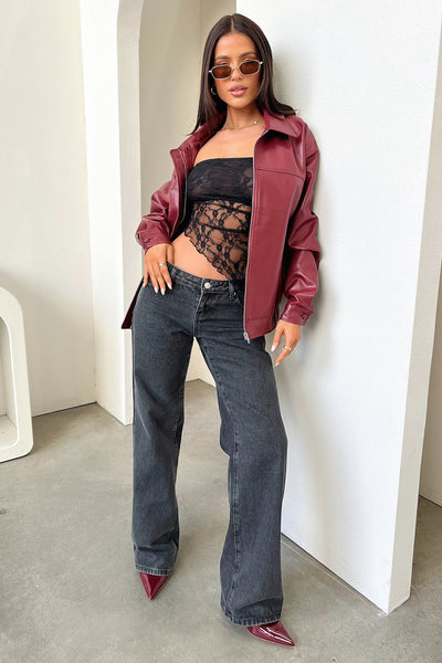 Zeroni Faux Leather Bomber Jacket - Red